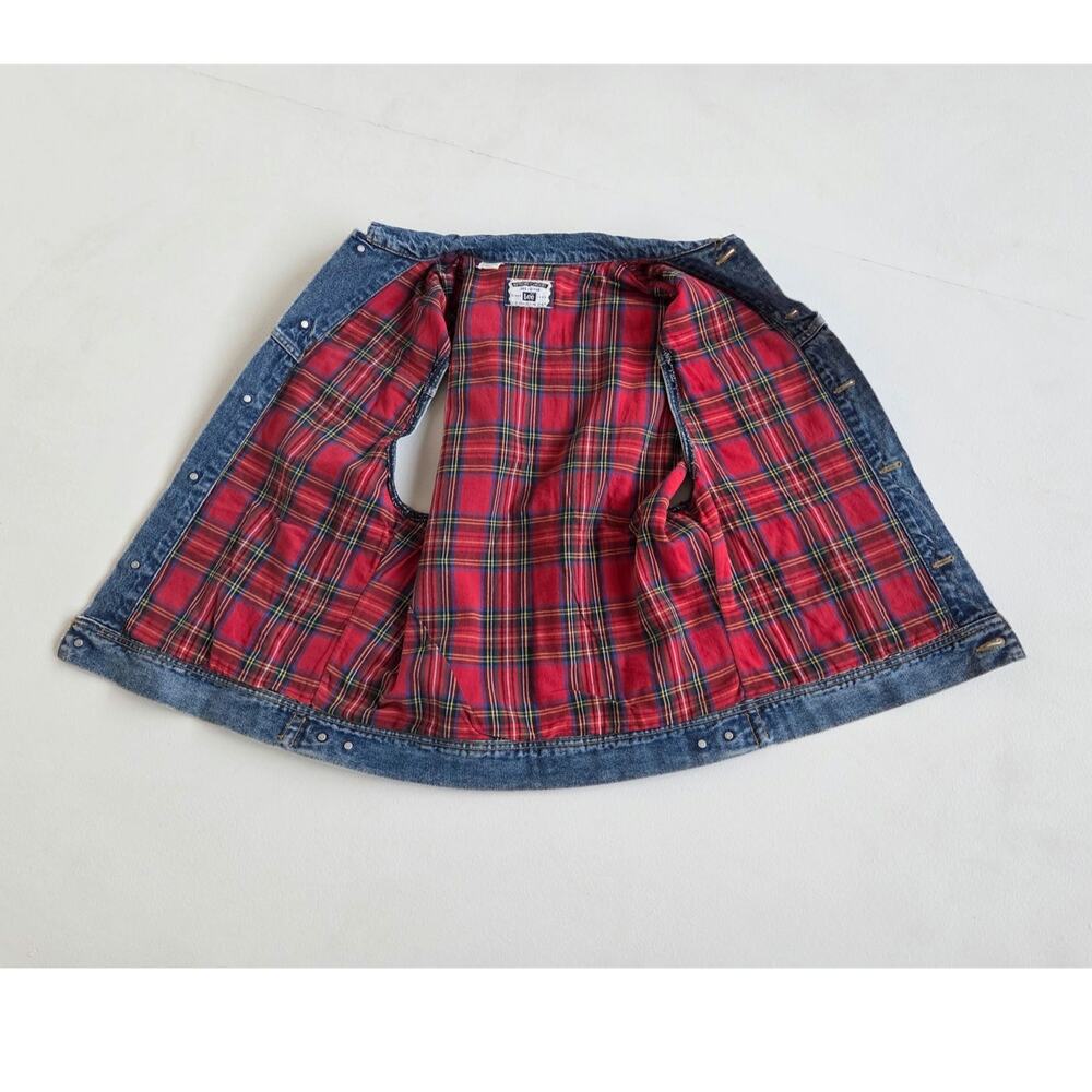 Vintage 90s Lee Heritage Denim Vest Mens M Red Plaid Lined Trucker Workwear - Picture 2 of 9